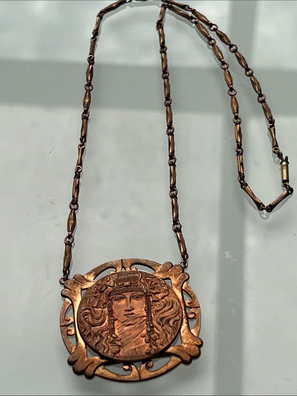 Copper Medallion Pendant Necklace with Art Nouveau Portrait
